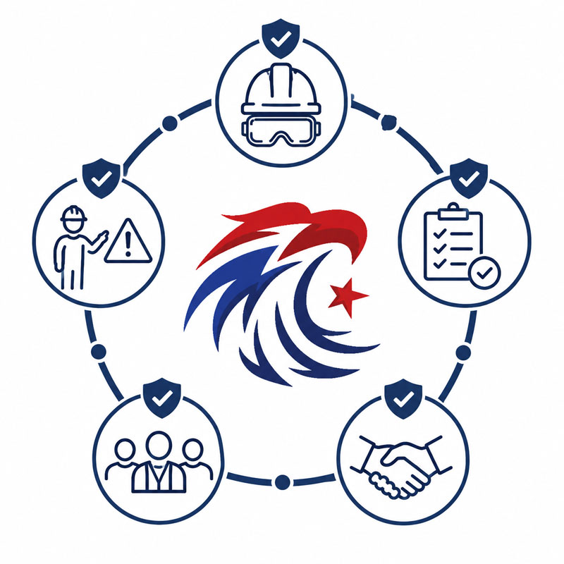 Graphic of icons with DNM Agency Log in the center. They represent the importance of safety, accountability, and professionalism.